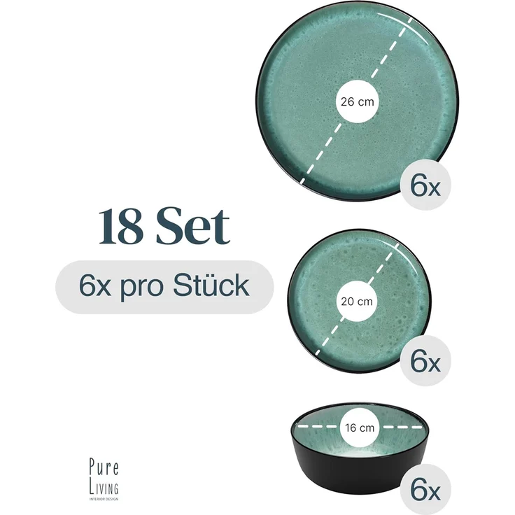 Steingut Geschirrset 6 Pers. Ibiza 18-tlg Hochwertiges Mediterranes TEST SEHR GUT Steingut Geschirr Set - Schüssel- und Teller Set - Tafelservice 6 Personen Geschirrsets Pure Living in Salbeigrün – Bild 3