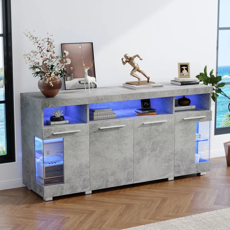 DESVIAE Sideboard mit LED-Beleuchtung und Glastüren, 140x70x40 cm, MDF und Spanplatte, Grau – Bild 2
