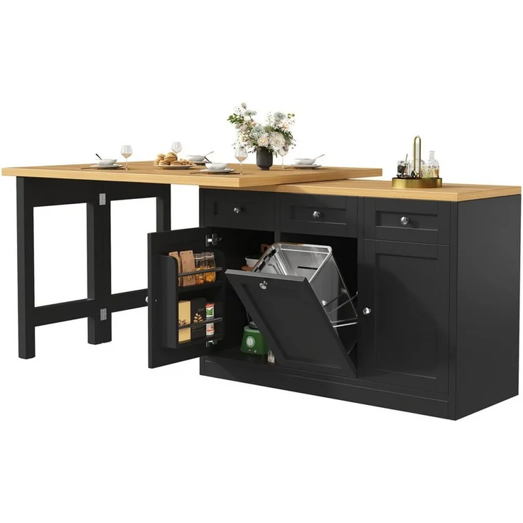 MODFU Bartisch Kücheninsel, Reversibel Tisch (mit Stauraum, Klappbarer Esstisch mit Schublade & Snackablage, herausziehbarer Mülleimerhalter (Eimer nicht enthalten), 1-St, 120-200cm) – Bild 2
