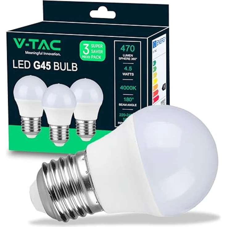 V-TAC 3x LED Glühbirne E27 G45-4,5W (entspricht 40W) - 3er Pack - 470 Lumen - LED Glühlampen - Energiesparlampe - Licht 4000K Neutralweiß – Bild 2