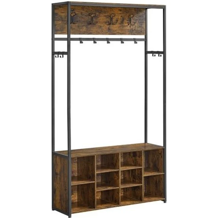 VASAGLE Kleiderständer, mit Schuhregal, Kleiderhaken, verstellbare Ablagen, Holzspanplatte, Stahl, vintagebraun-tintenschwarz, 32 x 100 x 180 cm – Bild 2