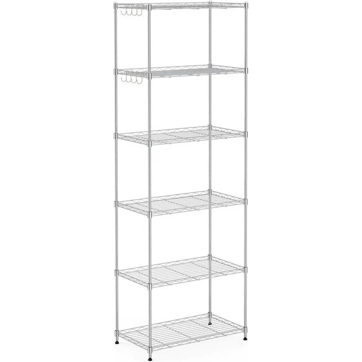 Mondeer Metallregal, 6-Stufiges Küchenregal, mit 8-Haken, Höhenverstellbar, Geeignet für Küche Badezimmer Wohnzimmer Balkon, Silber