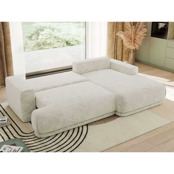 RINA L Design Ecksofa, Schlaffunktion & Stauraum, DL-System, Wellenfedern, Liegefläche 220x155 cm, freistehendes Polstersofa, Schlafcouch - Creme Schenille grob gewebt - Rechts Seite – Bild 4