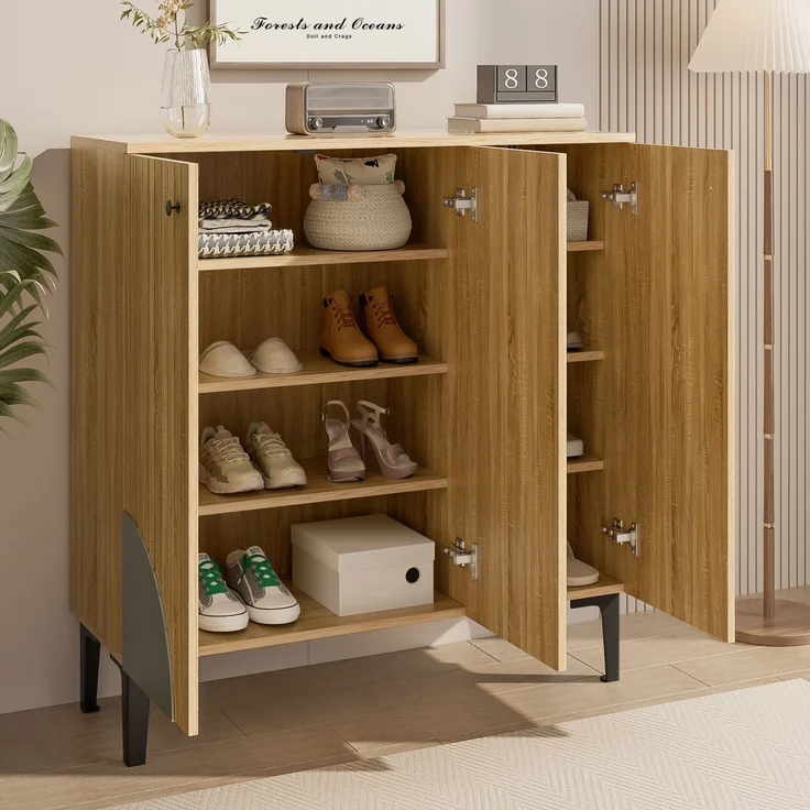 Schuhschrank mit 3 Türen in Holzoptik, Stauraum, 90x32x94 cm – Bild 3