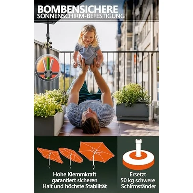 4smile Sonnenschirmhalter Balkongeländer SunnyGuy - Zuverlässige Sonnenschirm Halterung Balkon - Funktionale Schirmhalterung Balkongeländer als Sonnenschirmständer Balkon, Fb. Sandbraun – Bild 3