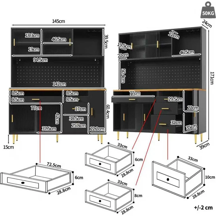 Hochschrank 145x39x171 cm mit LED, Glasschiebetür und höhenverstellbaren Fächern – Bild 6