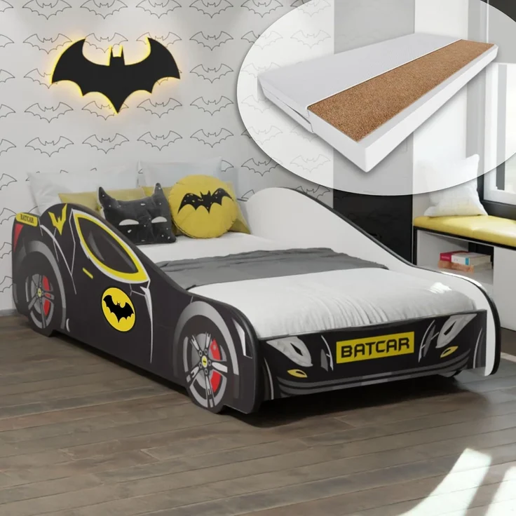 Kids Collective Autobett 70x140, 80x160 cm Kinderbett Jugendbett mit Rausfallschutz (Spielbett Batman Batmobil Bat Car Auto), Bett in schwarz Kinderbett 80x160 cm mit Matratze – Bild 1
