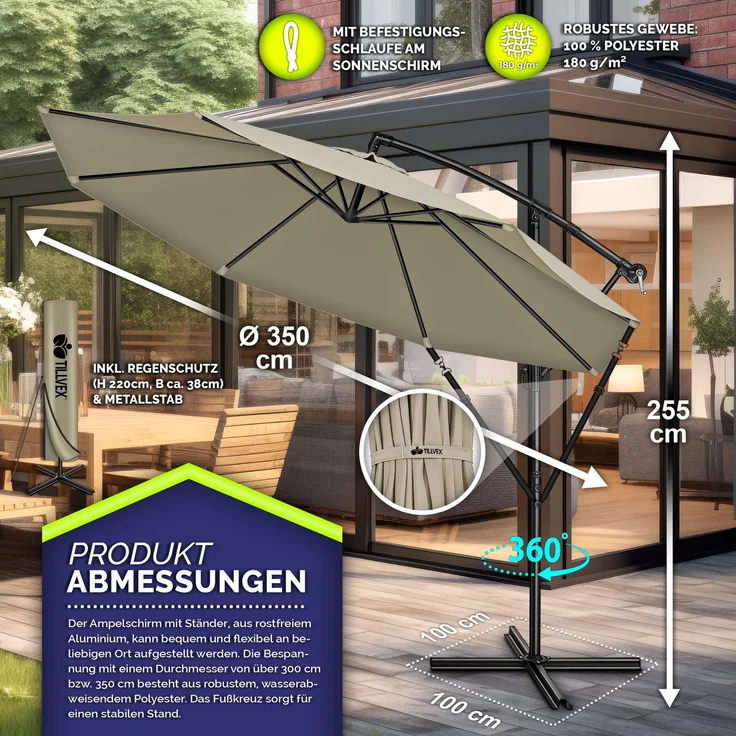 tillvex Sonnenschirm Braun Ø 350 cm Ampelschirm Gartenschirm Marktschirm Kurbel Balkon Alu Neigbar Braun - Ø350cm – Bild 5