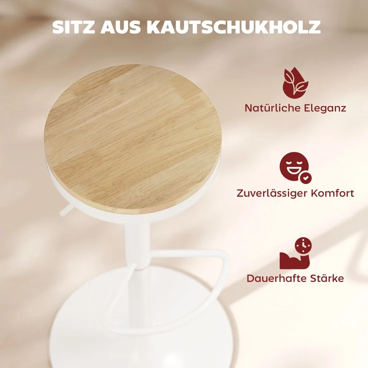 Barhocker 2er Set, Höhenverstellbar 360° Drehbar Barstuhl mit Stahlgestell Fußstütze 38,5x38,5x60-80 cm Naturholz+Weiß--Naturholz + Weiß--80x38.5x38.5cm--YOUDENOVA – Bild 8