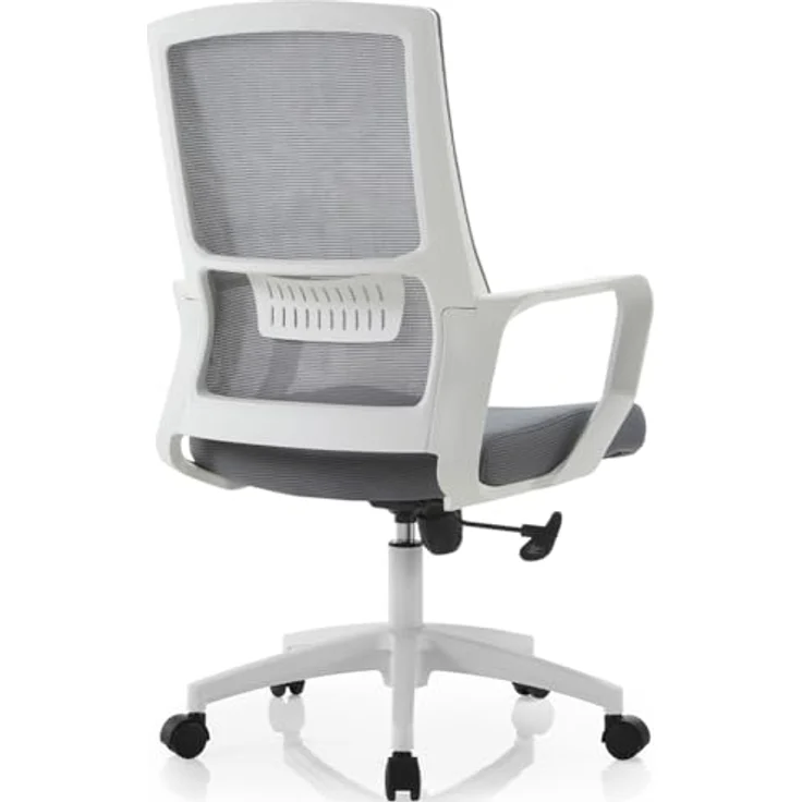Shally Dogan Ergonomischer Drehstuhl mit Lendenwirbelstütze, Schreibtischstuhl, Arbeitszimmerstuhl, höhenverstellbar, stabile weiße Basis, schweißfeste Rückenlehne (Grau) – Bild 6