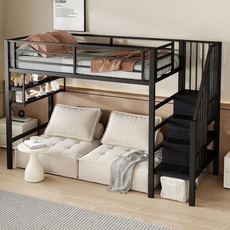 Bett 90x200 cm Hochbett mit Stauraumleiter und Einlegeböden – platzsparendes Kinderhochbett in Schwarz – Bild 4
