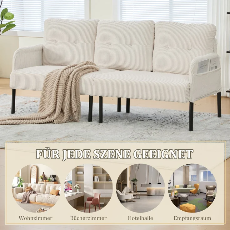 LVHOM 3-Sitzer Sofa mit Metallsockel, Polstersofa mit Seitentaschen, Loungesofa aus Cordstoff, Ergonomisches Stoffsofa, 171x72x80cm – Bild 7