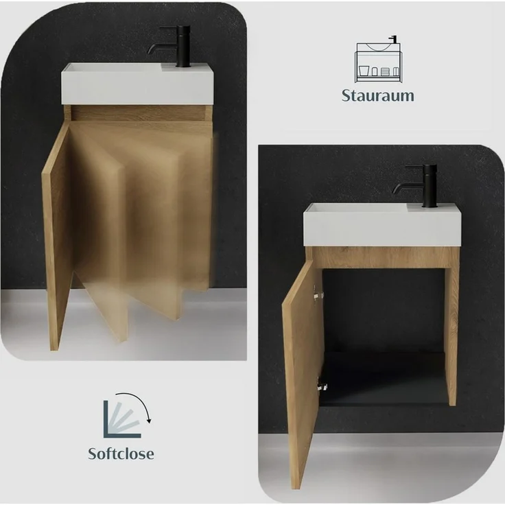 Alpenberger Badmöbel-Set Gäste WC Waschbecken mit Unterschrank - Badschrank Hängend, (2-tlg. Waschtisch Set Eiche Hell, Waschbeckenunterschrank mit Softclose), Waschplätze für Kleine Bäder - Badschrank Hängend und Vormontiert – Bild 3