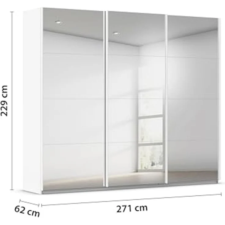 Rauch Möbel Kulmbach, Kleiderschrank mit Schwebetüren für Schlafzimmer, Kinderzimmer, Jugendzimmer, Garderobe, Flur, 3-türig, mit Spiegel, Zubehör Basic, Farbe Weiß, Breite 271 cm – Bild 3