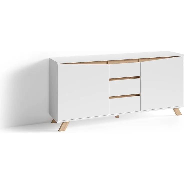 byLIVING Sideboard VALENTIN / Kommode matt weiß mit Absetzung in Eiche-Optik / Schrank mit 2 Türen und 3 Schubkästen / Im Scandi-Style / Grifflos / B 160, H 80, T 38 cm