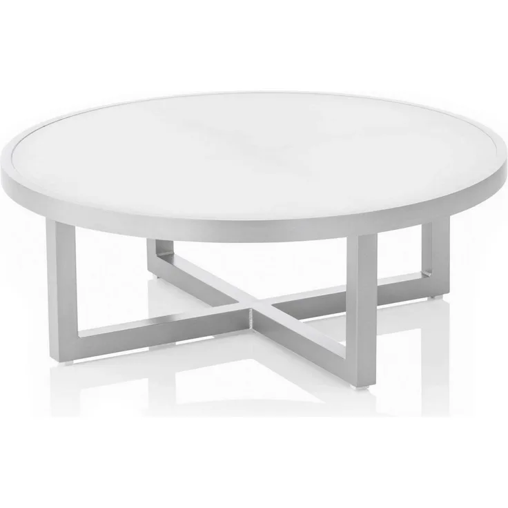 KETTLER EGO Couchtisch ø92 cm – Design Wohnzimmertisch mit eleganter Glasplatte und robustem, wetterfestem Aluminiumgestell in Silber, pflegeleicht.