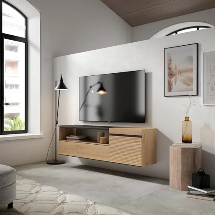 Skraut Home | TV-Schrank, Lowboard | für Wohnzimmer und Esszimmer | 150x45x35cm | Für TV-Geräte bis zu 65" | Hängend | Moderner Stil | Eiche – Bild 2