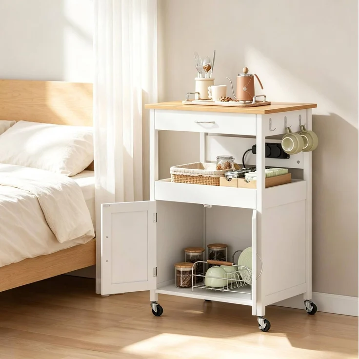 Küchenwagen aus MDF mit Steckdosen, Stauraum und Rollen, 60x45x92 cm, Weiß – Bild 1