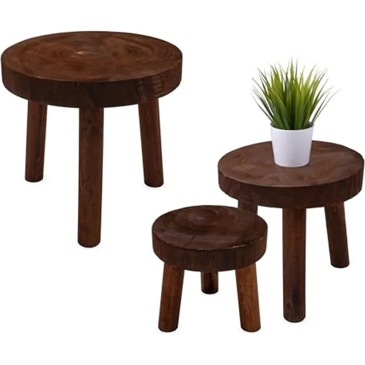 Spetebo Blumenhocker Pflanzenständer rund gebeizt 3er Set (Stück, 1 St, Set), Massivholz