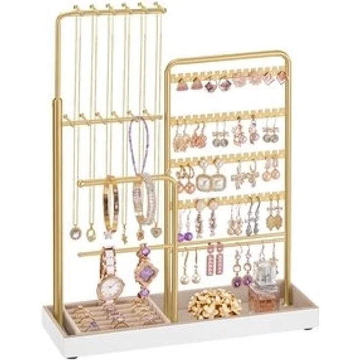 SONGMICS Schmuckständer, Schmuckhalter, Metallrahmen, Schmucktablett Samt, ausziehbarer Kettenhalter, 30,9-47,5 cm hoch, Schmuckaufbewahrung, blassgold – Bild 6