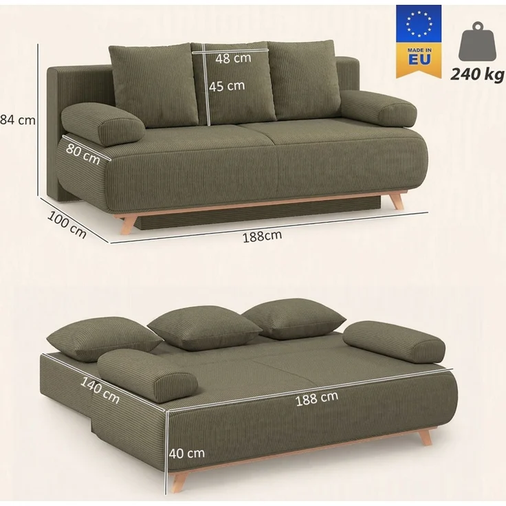 HOMCOM Schlafsofa, Cord (90 % Polyester, 10 % Nylon), Dunkelgrün, 188 x 100 x 84 cm – Bild 3