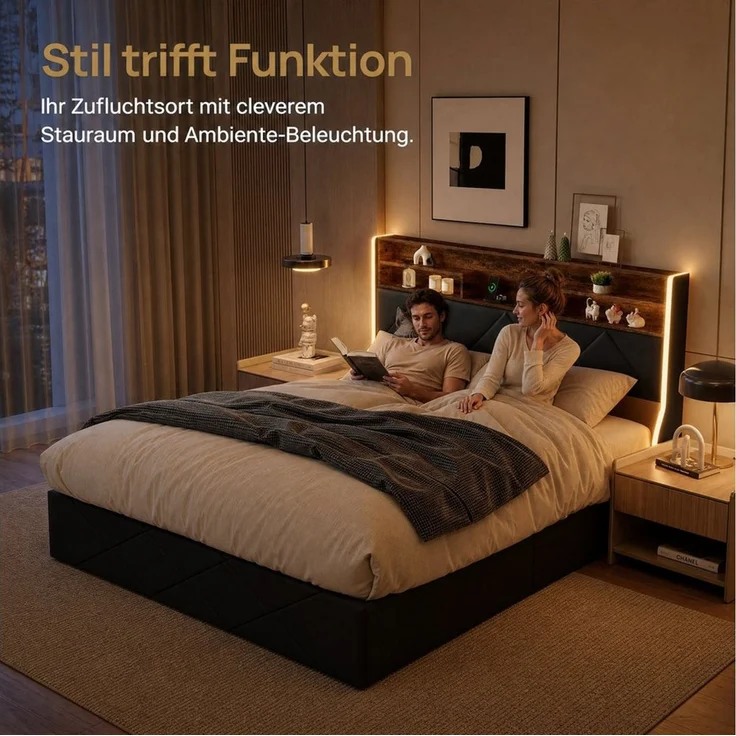 PXloue Polsterbett Stauraumbett Geeignet für kleine Wohnungen (Kopfteil mit 2 USB-Anschlüsse und 1 Typ-C-Ladeport), Hydraulisches Doppelbett, mit LED-Leisten, PU, 160x200 – Bild 2
