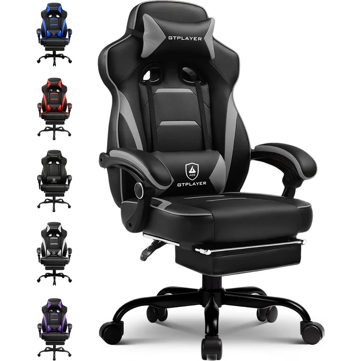GTPLAYER Gaming Stuhl mit Fußstütze, Ergonomischer Bürostuhl 180kg, Schwerlast Gaming Sessel mit Lendenwirbelstütze und Kopfstütze, Höhenverstellbarer Computerstuhl, Gepolstert, neigbare 155°, GRAU – Bild 1