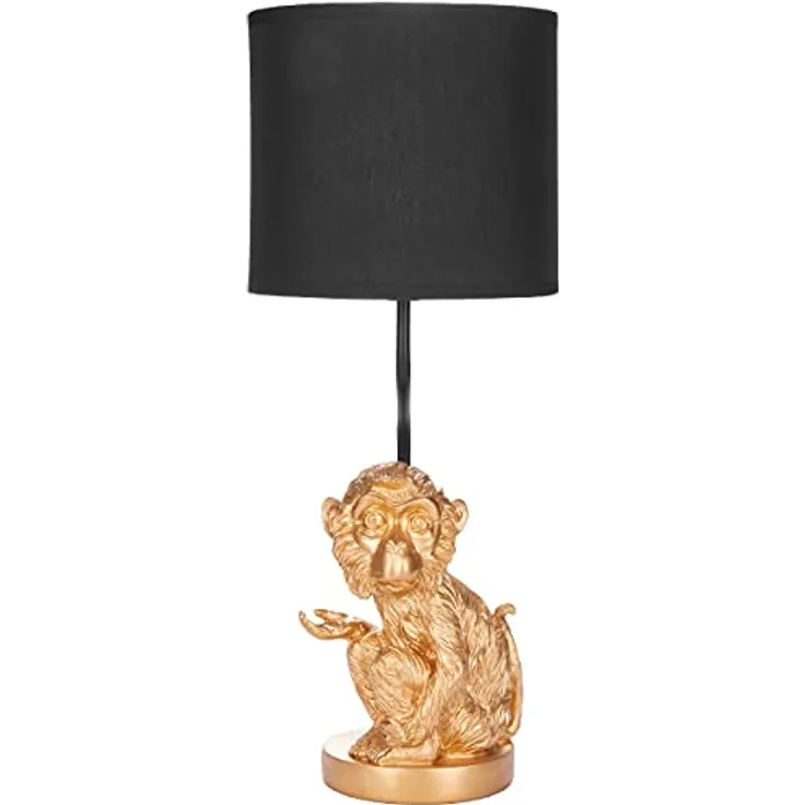 BRUBAKER Tisch- oder Nachttischlampe Kleines Äffchen, Keramikfuß mit Stoffschirm, 52 cm Höhe, Gold Schwarz