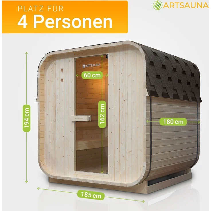 Artsauna Fasssauna Nolvik L, Outdoor-Sauna aus Fichtenholz, 6 kW Ofen, LED, Komplettset mit Sanduhr, Eimer & Thermometer, winterfest, Cube Design – Bild 4