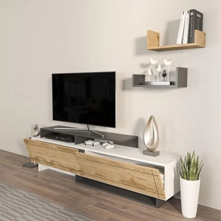 Hanah Home Stylish TV Stand, 180 cm, White & Oak with Anthracite Accents | 100% Melamine Coated Particle Board, 18 mm Thick | Modern Design for Living Room – Bild 3