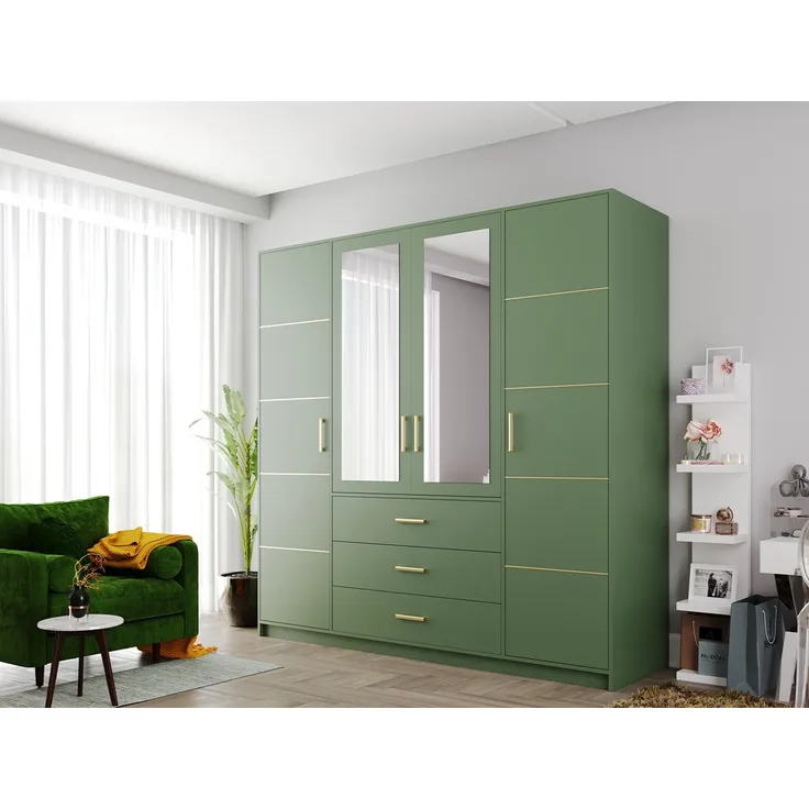 Kleiderschrank Bado II, mit Frontspiegel, Farbe: Flaschengrün / Flaschengrün + Gold