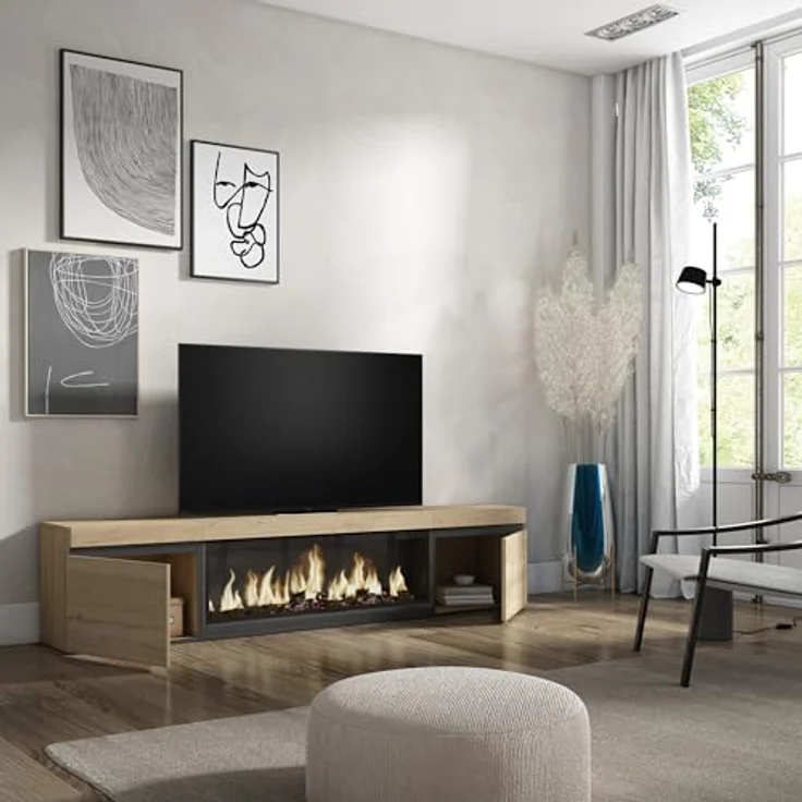 Skraut Home | TV-Schrank, Lowboard | für Wohnzimmer und Esszimmer | 210 | Für TV-Geräte bis zu 80" | Elektrokamin XXL | Moderner Stil | Eiche – Bild 4