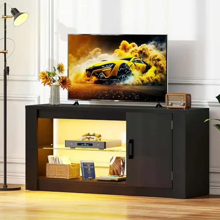 YITAHOME TV Schrank, TV Lowboard LED Schwarz - Fernsehschrank Fernsehtisch mit RGB-LED-Leuchten Lowboard Glasregal Fächern für 43 Zoll & kleinere TVs,für Wohnzimmer Schlafzimmer, B106 x H50 x T35 cm – Bild 9