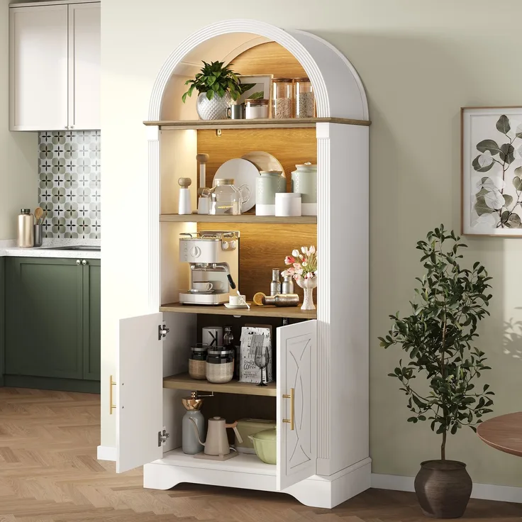 EINHOM Highboard mit verstellbarer Regalböde und LED-Beleuchtung, Küchenschrank mit großem Stauraum, Ideal für Esszimmer, Wohnzimmer und Küche (Weiß)