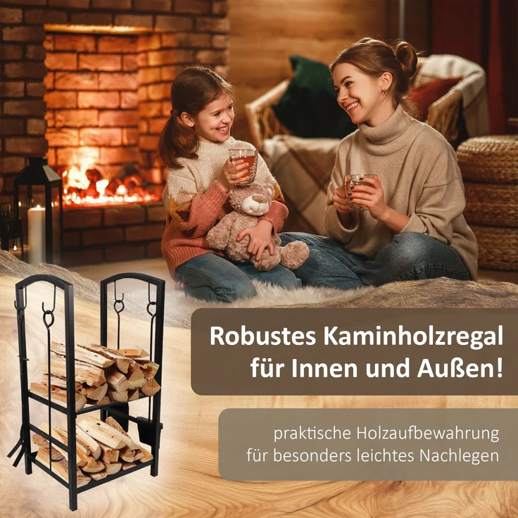 Kaminholzregal mit 4 teiligem Kaminbesteck, Metallregal, Brennholzregal – Bild 7