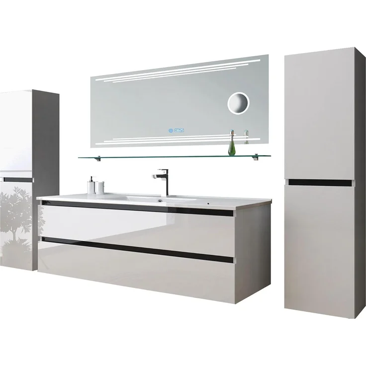 Homeline Badezimmermöbel Set Deniz Kosmetik Hochglanz Spiegelschrank Keramik Weiß LED 90 cm – Bild 1