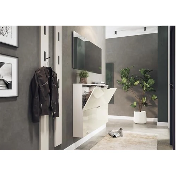 XXXL Schuhschrank Valega, Kaschmir, hängend oder stehend, 4 Schuhroste für bis zu 12 Paare, 140x85x19 cm, glänzende Glasfront – Bild 7