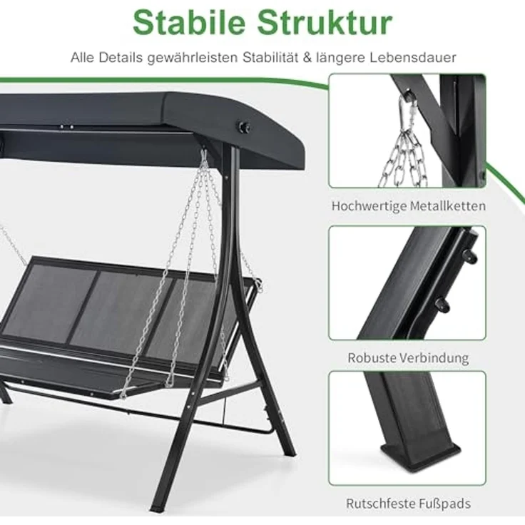 M MCombo Hollywoodschaukel mit Liegefunktion, Gartenschaukel 3 Sitzer Wetterfest, Outdoor Schaukelbank mit Metallketten, Verstellbarem Dach, 123*194*169 cm, 8018 (Dunkgelgrau) – Bild 7