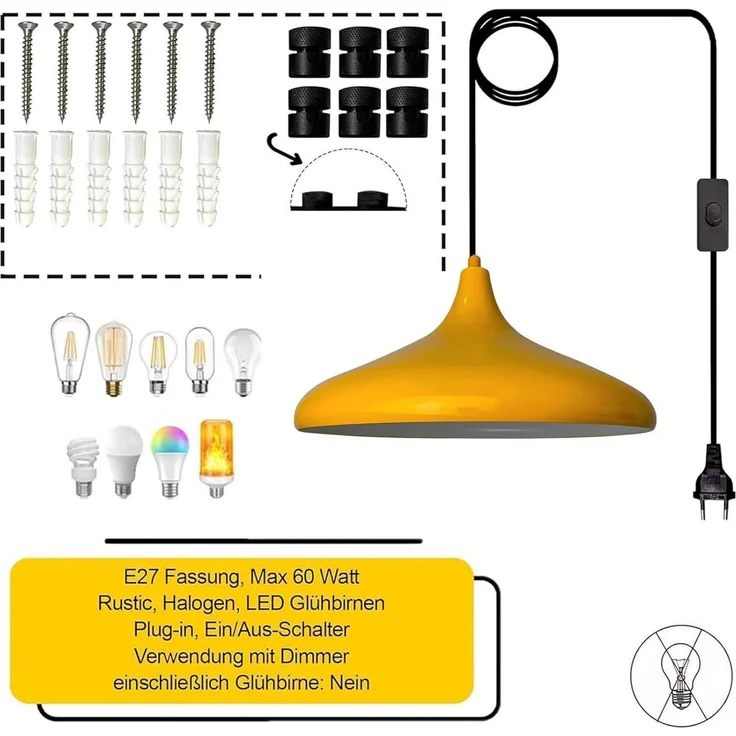 Bamyum Pendelleuchte Champion Pendelleuchte mit Stecker 35 cm, Metall mit 450 cm Kabel, ohne Leuchtmittel – Bild 3