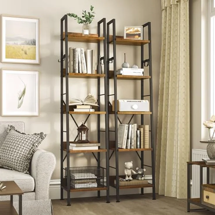 YITAHOME Bücherregal mit 5 Ebenen, industrielles Leiterregal, freistehendes Holzregale und Metallrahmen, modernes Regal für Wohnzimmer, Flur, Vintagebraun – Bild 5