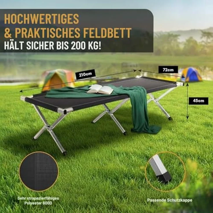 Kronenburg Faltbett XXL - Campingbett klappbar 210 x 82 x 45cm Belastbarkeit bis 200 kg - Stahlrohr verstärkt - in Schwarz – Bild 4