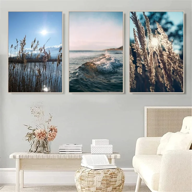 Poster Set 3er Wohnzimmer Pampasgras Blau Meer F-30 x 40 cm – Bild 2