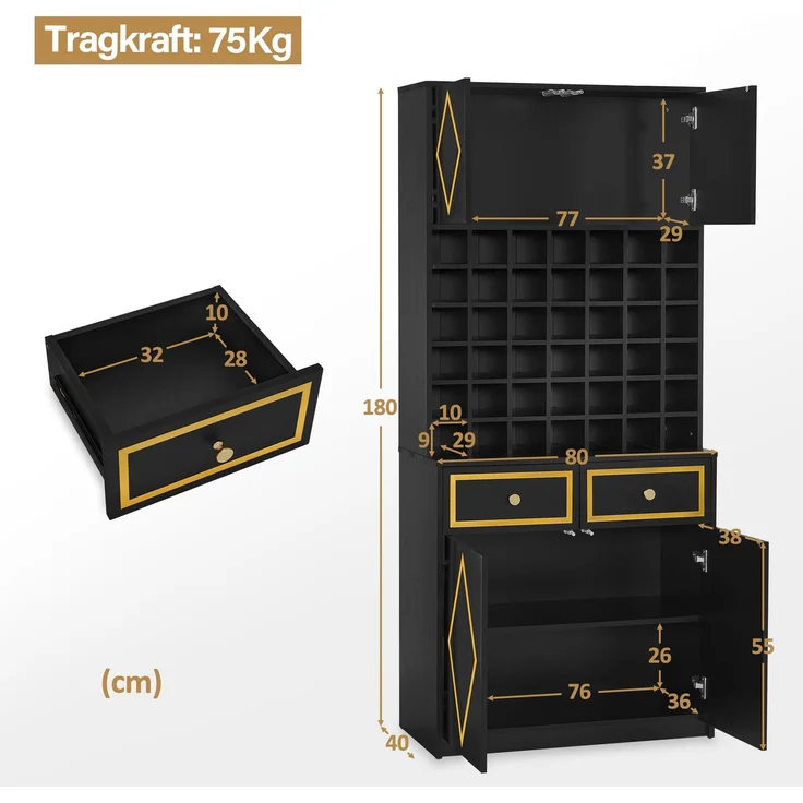 BarberPub Handtuchschrank mit 2 Schubladen, 42 Offenen Fächern & 4 Schränken, Badezimmerschrank Schwarz, Hochschrank Aufbewahrungsschrank Holz für Friseursalon, Schönheitssalon 40x80x180 cm, R6194 – Bild 3