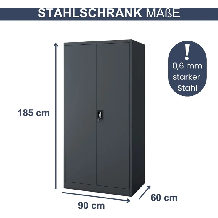Aktenschrank abschließbar KADO - 5 Ebenen verstellbar, Flügeltüren | Metallschrank Werkstatt Mehrzweckschrank Büroschrank aus Stahl Werkzeugschrank, 185 x 90 x 60 cm Anthrazit – Bild 2
