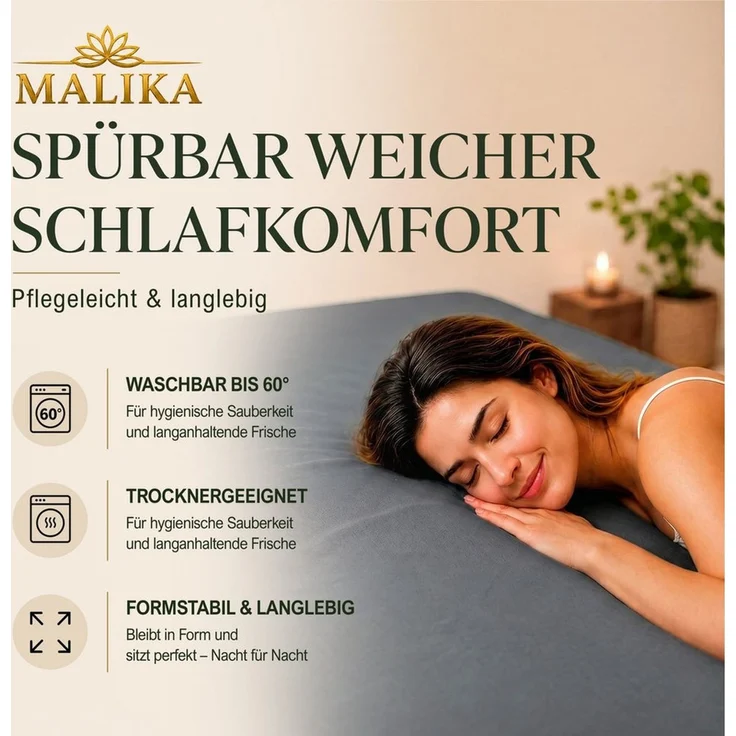 Malika Spannbettlaken aus 100% Baumwolle, 90-100x200, Grau, Jersey Baumwolle, Gummizug: Ja, (1 Stück), Allergikergeeignet, Pflegeleicht und Atmungsaktiv – Bild 1