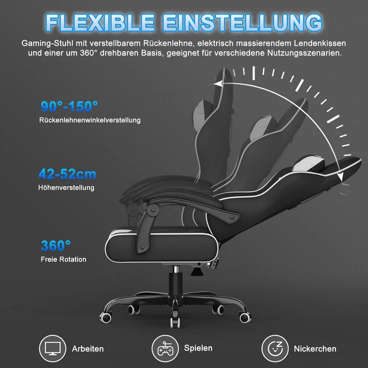 Devoko Gaming Stuhl mit Massagefunktion, Bürostuhl Ergonomisch mit Verstellbarer Ruckenlehne (90-135), Schreibtischstuhl mit Bewegliche Armlehne, max 150kg, Schwarz Weiß – Bild 5