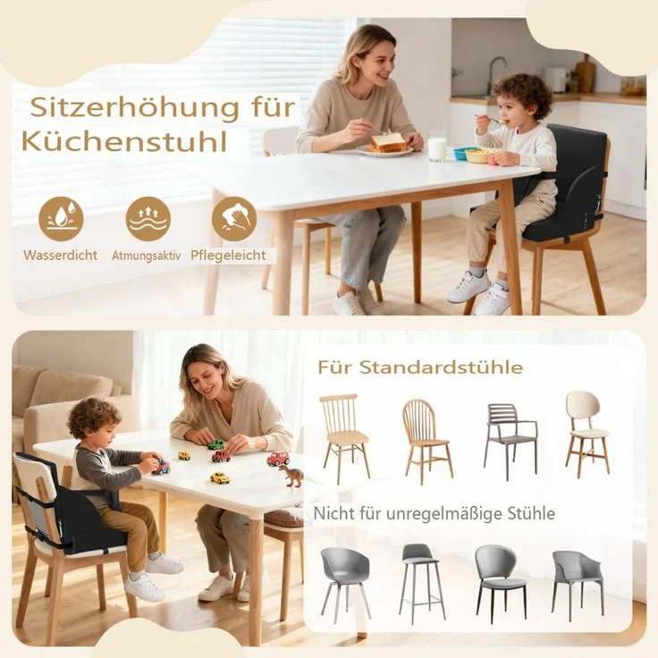 Insma Sitzkissen Kindersitzerhöhung Stuhlkissen Kunstleder 3-Punkt verstellbaren Gurten, wasserdicht, rutschfest, 34,5 × 34,5 × 9cm – Bild 3