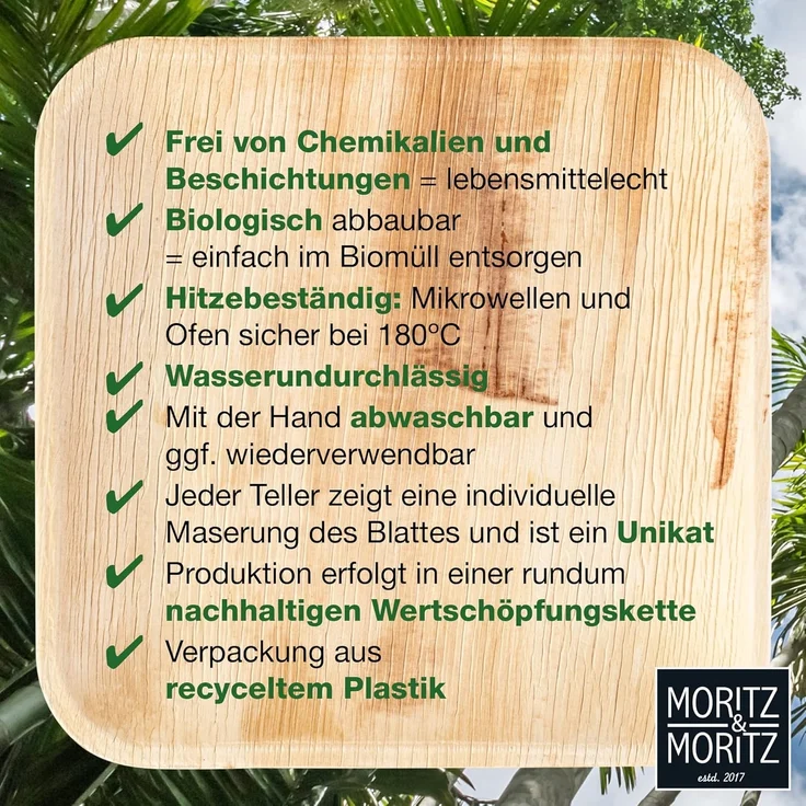 Moritz & Moritz Einweggeschirr-Set 25tlg Palmblatt Geschirr Eckig 20cm (25-tlg), 25 Personen, Palmblatt, Birkenholz, 25x25cm – Bild 6