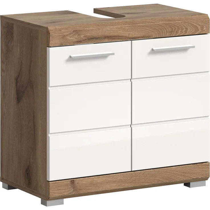 Xonox Wave Waschbeckenunterschrank (B/H/T 60x 56x 34 cm) weiß Hochglanz tiefzieh und Nox Oak Nachbildung