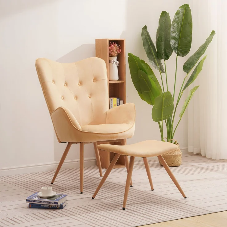 Albatros Ohrensessel mit Hocker YORK, Samt Bezug, bequem gepolstert, Fernsehsessel, Polstersessel, Farbe Ohrensessel:Beige – Bild 6